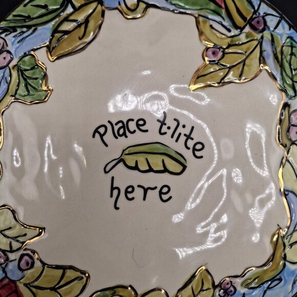 Hand-Painted Blue Sky Ceramic Tea Light Holder Plate Floral & Leaf Design 2003 - Picture 2 of 5